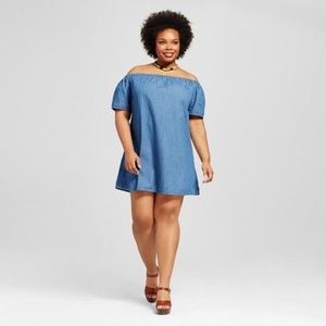 Chambray denim off-shoulder A-line dress